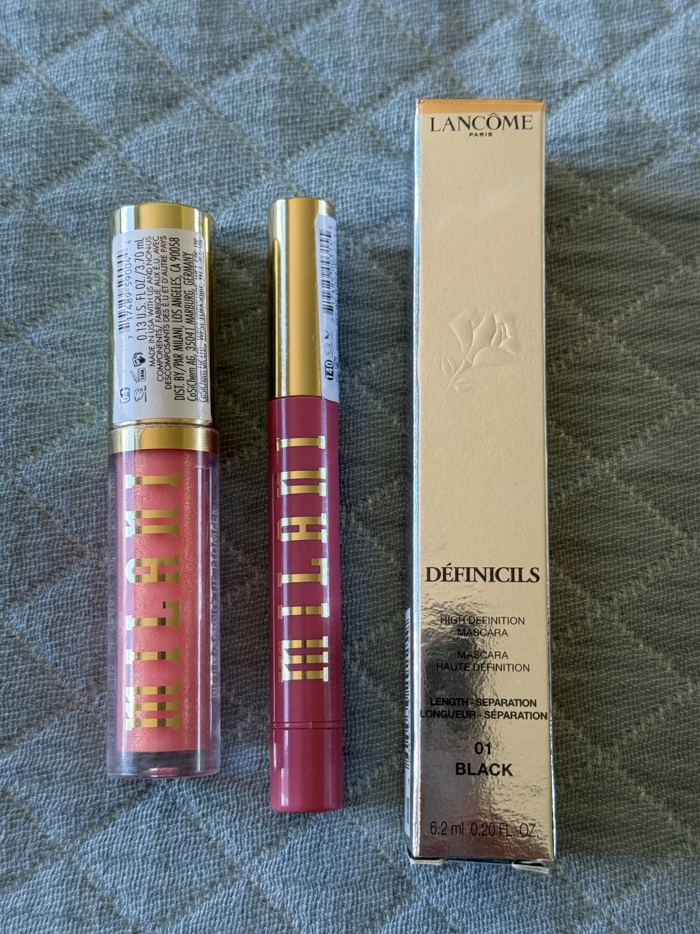 Lancôme Définicils Mascara (Black) + Matching Milani Lip Products.